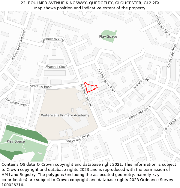 22, BOULMER AVENUE KINGSWAY, QUEDGELEY, GLOUCESTER, GL2 2FX: Location map and indicative extent of plot