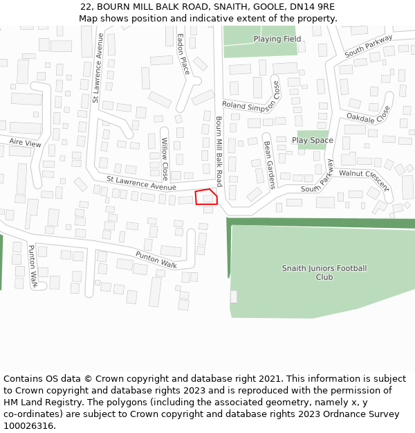 22, BOURN MILL BALK ROAD, SNAITH, GOOLE, DN14 9RE: Location map and indicative extent of plot