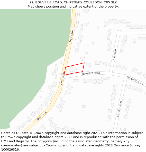 22, BOUVERIE ROAD, CHIPSTEAD, COULSDON, CR5 3LX: Location map and indicative extent of plot