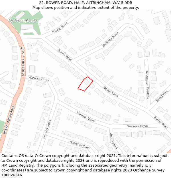 22, BOWER ROAD, HALE, ALTRINCHAM, WA15 9DR: Location map and indicative extent of plot