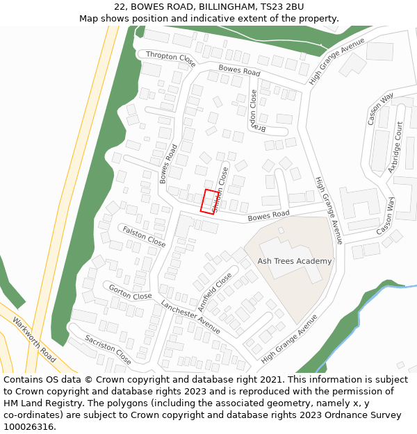 22, BOWES ROAD, BILLINGHAM, TS23 2BU: Location map and indicative extent of plot