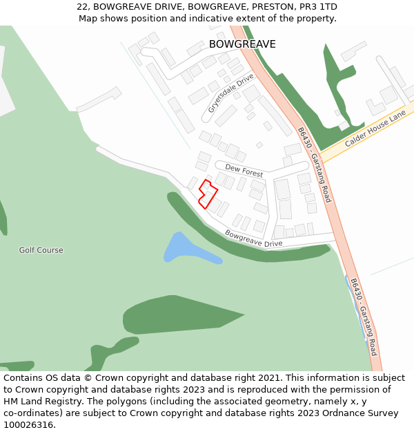 22, BOWGREAVE DRIVE, BOWGREAVE, PRESTON, PR3 1TD: Location map and indicative extent of plot