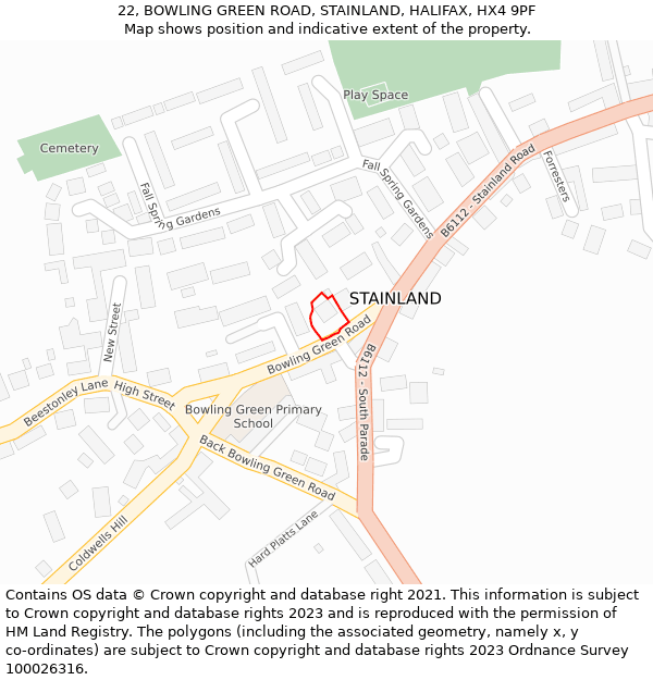 22, BOWLING GREEN ROAD, STAINLAND, HALIFAX, HX4 9PF: Location map and indicative extent of plot