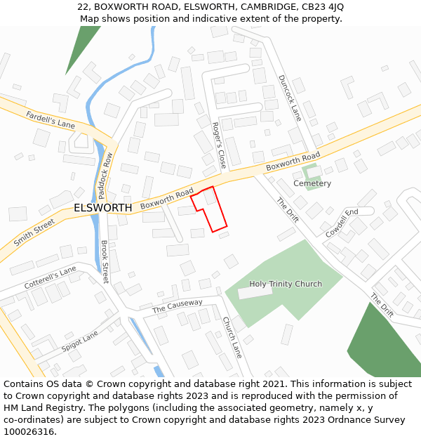 22, BOXWORTH ROAD, ELSWORTH, CAMBRIDGE, CB23 4JQ: Location map and indicative extent of plot
