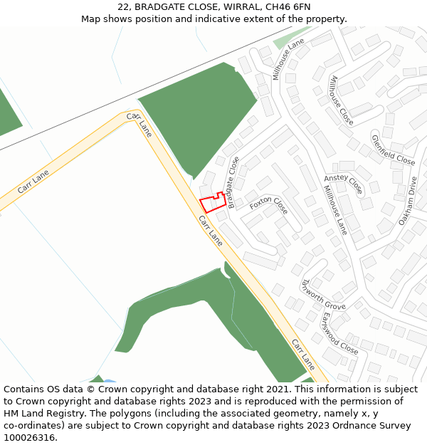 22, BRADGATE CLOSE, WIRRAL, CH46 6FN: Location map and indicative extent of plot