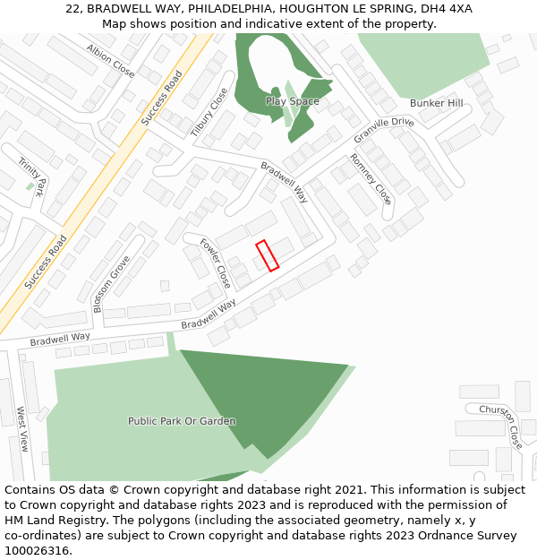 22, BRADWELL WAY, PHILADELPHIA, HOUGHTON LE SPRING, DH4 4XA: Location map and indicative extent of plot