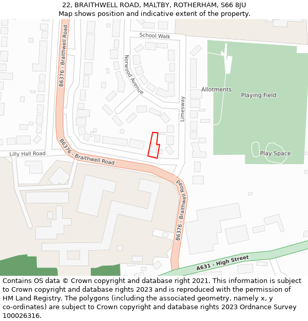 22, BRAITHWELL ROAD, MALTBY, ROTHERHAM, S66 8JU: Location map and indicative extent of plot
