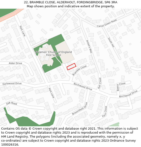 22, BRAMBLE CLOSE, ALDERHOLT, FORDINGBRIDGE, SP6 3RA: Location map and indicative extent of plot