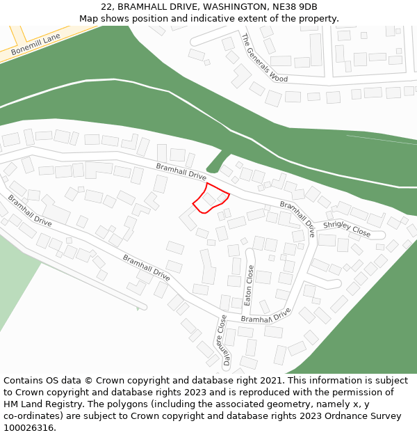 22, BRAMHALL DRIVE, WASHINGTON, NE38 9DB: Location map and indicative extent of plot