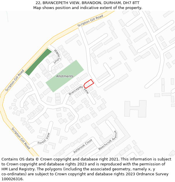 22, BRANCEPETH VIEW, BRANDON, DURHAM, DH7 8TT: Location map and indicative extent of plot