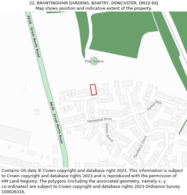 22, BRANTINGHAM GARDENS, BAWTRY, DONCASTER, DN10 6XJ: Location map and indicative extent of plot