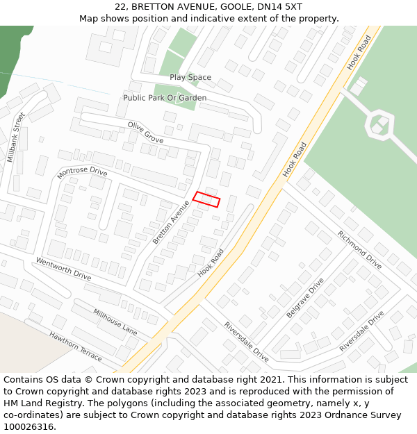 22, BRETTON AVENUE, GOOLE, DN14 5XT: Location map and indicative extent of plot