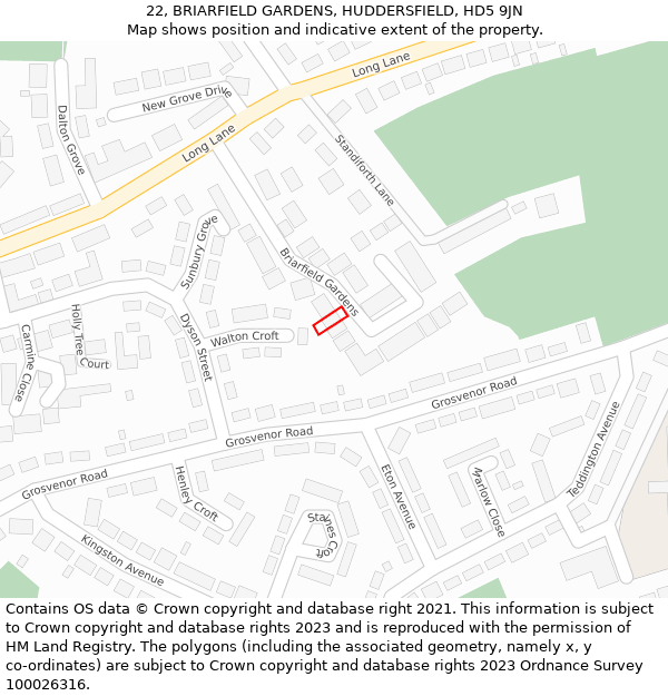 22, BRIARFIELD GARDENS, HUDDERSFIELD, HD5 9JN: Location map and indicative extent of plot