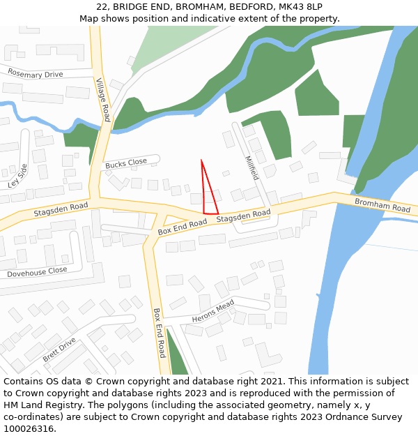 22, BRIDGE END, BROMHAM, BEDFORD, MK43 8LP: Location map and indicative extent of plot