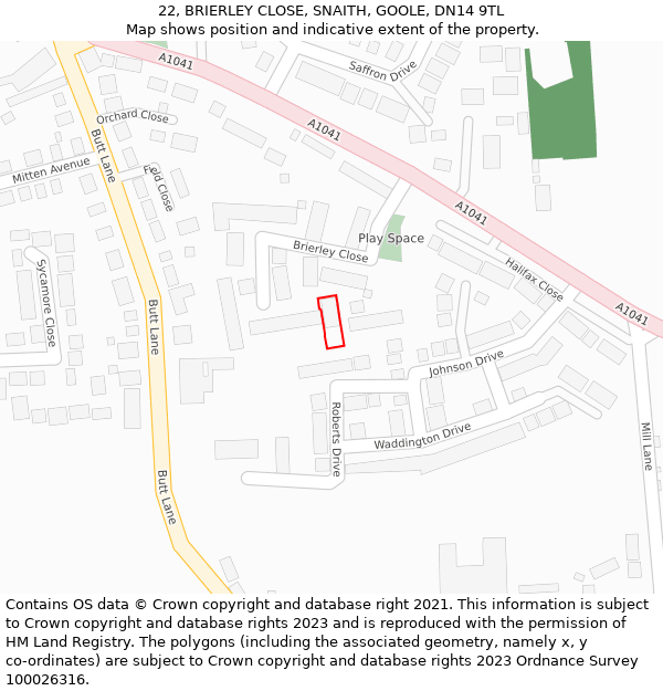 22, BRIERLEY CLOSE, SNAITH, GOOLE, DN14 9TL: Location map and indicative extent of plot