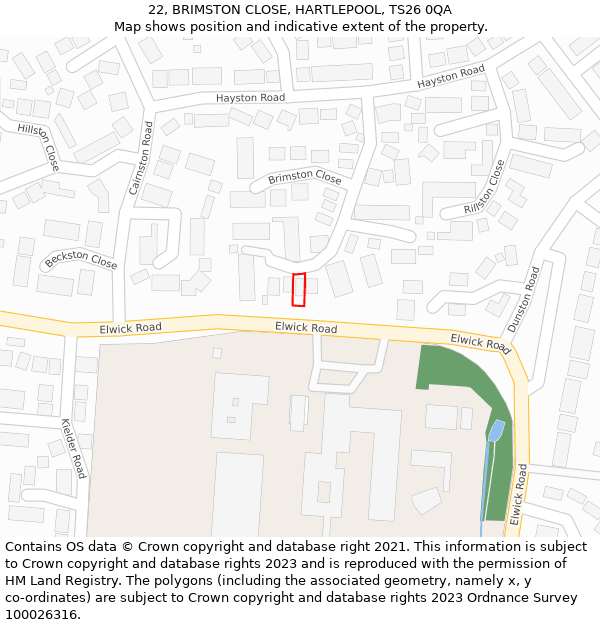 22, BRIMSTON CLOSE, HARTLEPOOL, TS26 0QA: Location map and indicative extent of plot