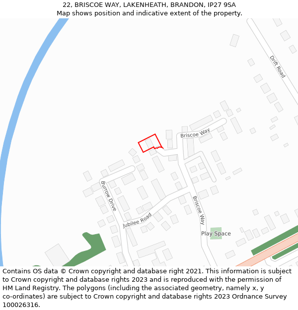 22, BRISCOE WAY, LAKENHEATH, BRANDON, IP27 9SA: Location map and indicative extent of plot