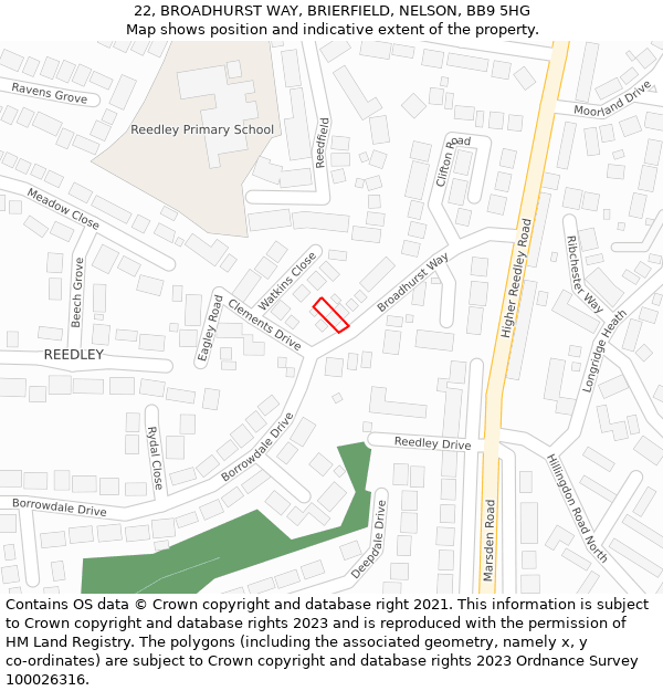 22, BROADHURST WAY, BRIERFIELD, NELSON, BB9 5HG: Location map and indicative extent of plot