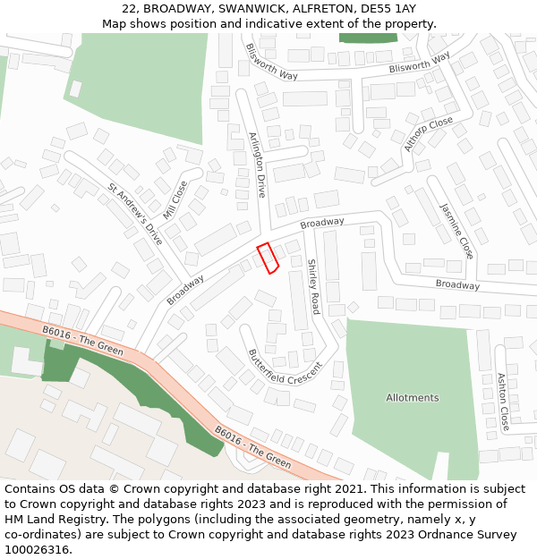 22, BROADWAY, SWANWICK, ALFRETON, DE55 1AY: Location map and indicative extent of plot