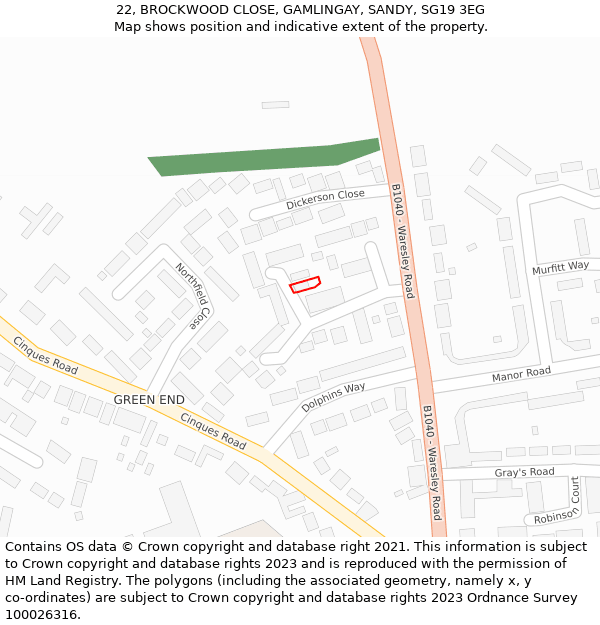 22, BROCKWOOD CLOSE, GAMLINGAY, SANDY, SG19 3EG: Location map and indicative extent of plot