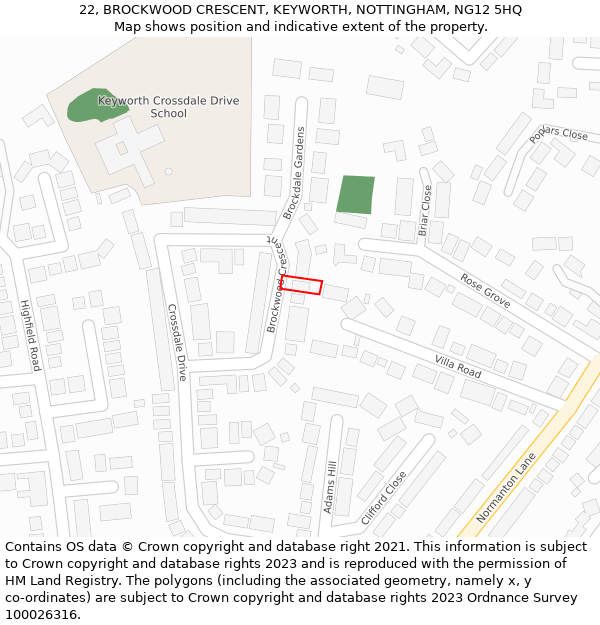 22, BROCKWOOD CRESCENT, KEYWORTH, NOTTINGHAM, NG12 5HQ: Location map and indicative extent of plot