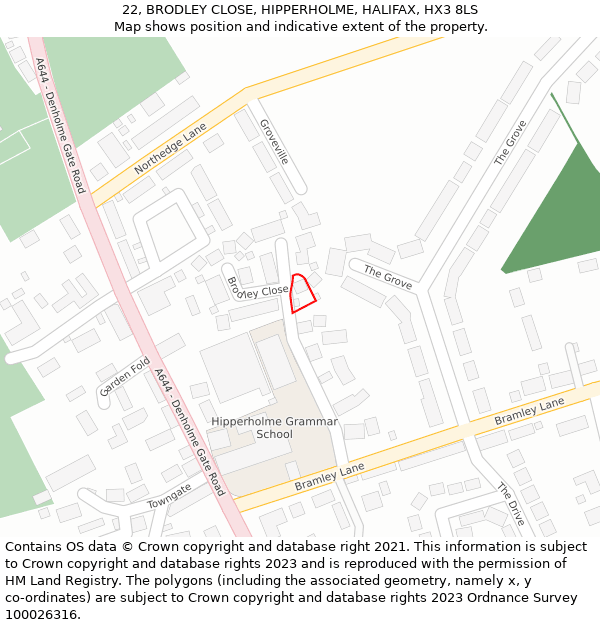 22, BRODLEY CLOSE, HIPPERHOLME, HALIFAX, HX3 8LS: Location map and indicative extent of plot