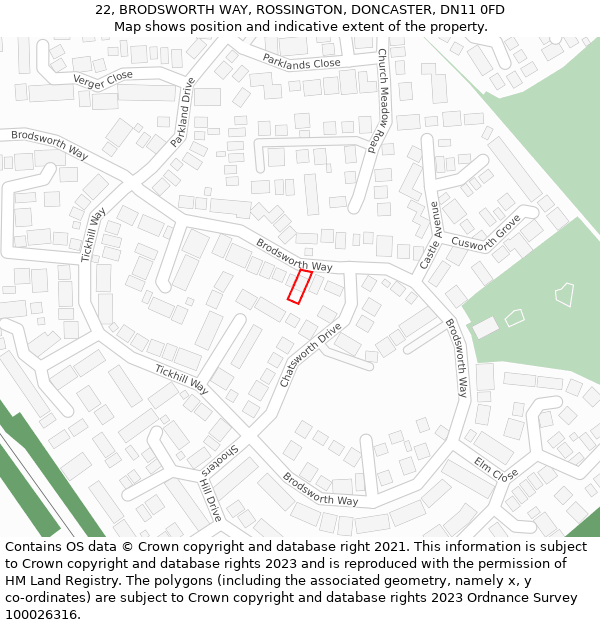 22, BRODSWORTH WAY, ROSSINGTON, DONCASTER, DN11 0FD: Location map and indicative extent of plot