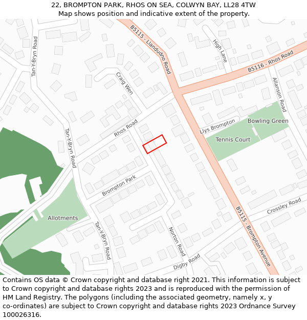 22, BROMPTON PARK, RHOS ON SEA, COLWYN BAY, LL28 4TW: Location map and indicative extent of plot