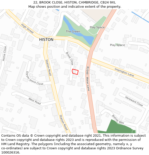 22, BROOK CLOSE, HISTON, CAMBRIDGE, CB24 9XL: Location map and indicative extent of plot