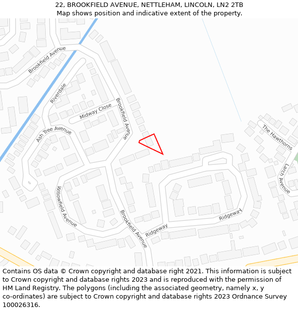 22, BROOKFIELD AVENUE, NETTLEHAM, LINCOLN, LN2 2TB: Location map and indicative extent of plot