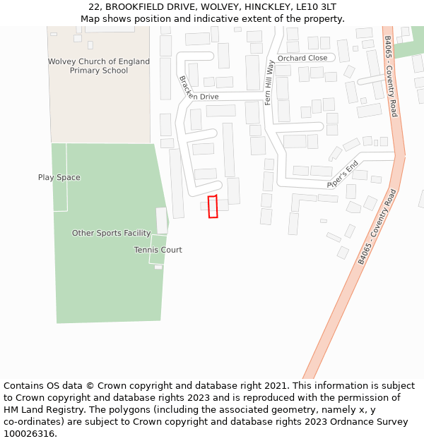 22, BROOKFIELD DRIVE, WOLVEY, HINCKLEY, LE10 3LT: Location map and indicative extent of plot