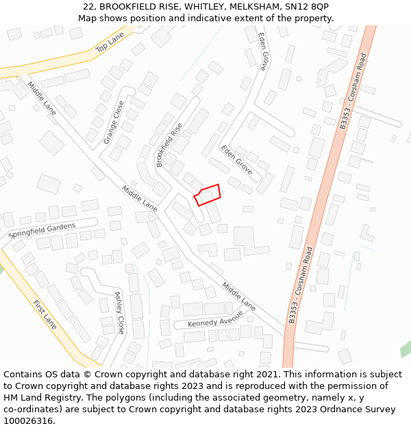 22, BROOKFIELD RISE, WHITLEY, MELKSHAM, SN12 8QP: Location map and indicative extent of plot