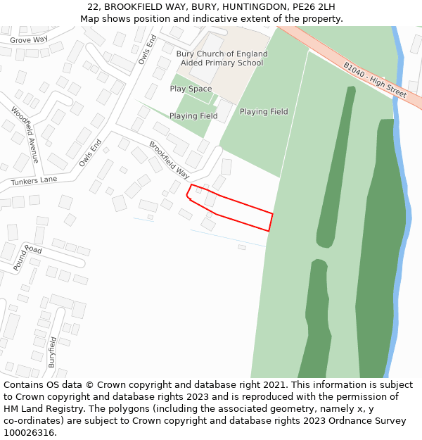 22, BROOKFIELD WAY, BURY, HUNTINGDON, PE26 2LH: Location map and indicative extent of plot