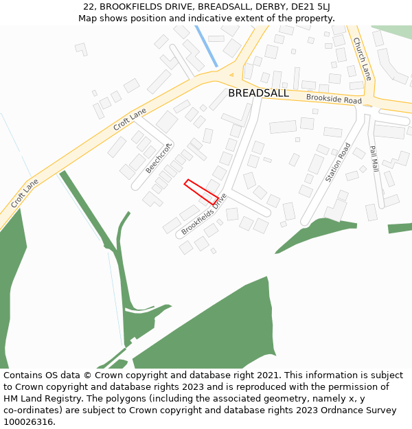 22, BROOKFIELDS DRIVE, BREADSALL, DERBY, DE21 5LJ: Location map and indicative extent of plot