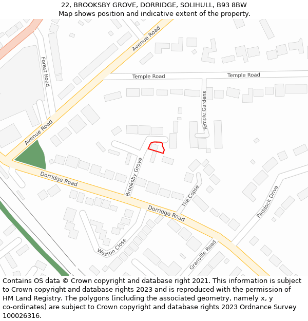 22, BROOKSBY GROVE, DORRIDGE, SOLIHULL, B93 8BW: Location map and indicative extent of plot