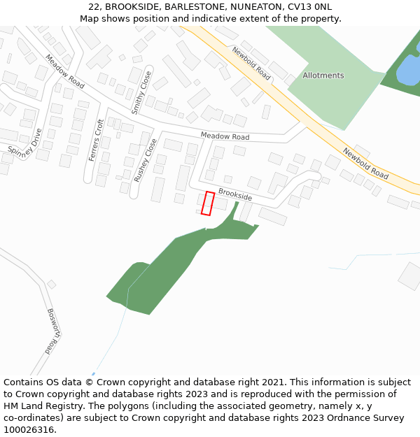 22, BROOKSIDE, BARLESTONE, NUNEATON, CV13 0NL: Location map and indicative extent of plot