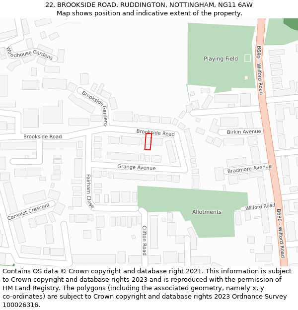 22, BROOKSIDE ROAD, RUDDINGTON, NOTTINGHAM, NG11 6AW: Location map and indicative extent of plot