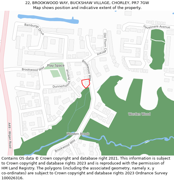 22, BROOKWOOD WAY, BUCKSHAW VILLAGE, CHORLEY, PR7 7GW: Location map and indicative extent of plot