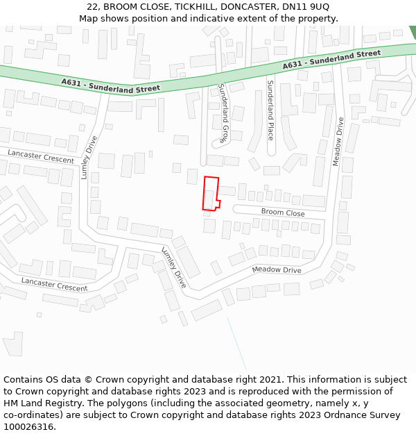 22, BROOM CLOSE, TICKHILL, DONCASTER, DN11 9UQ: Location map and indicative extent of plot