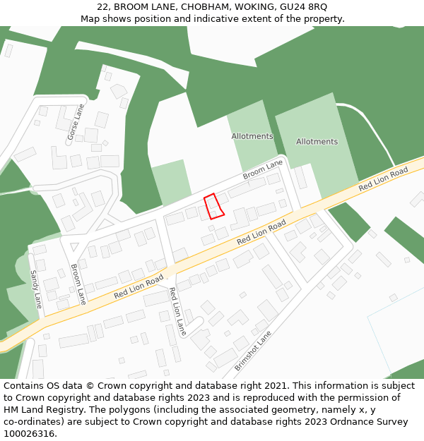 22, BROOM LANE, CHOBHAM, WOKING, GU24 8RQ: Location map and indicative extent of plot