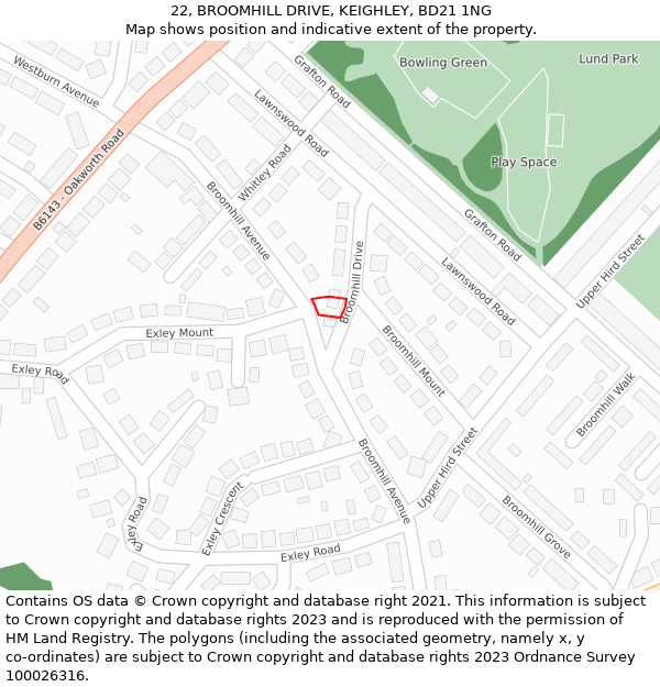 22, BROOMHILL DRIVE, KEIGHLEY, BD21 1NG: Location map and indicative extent of plot