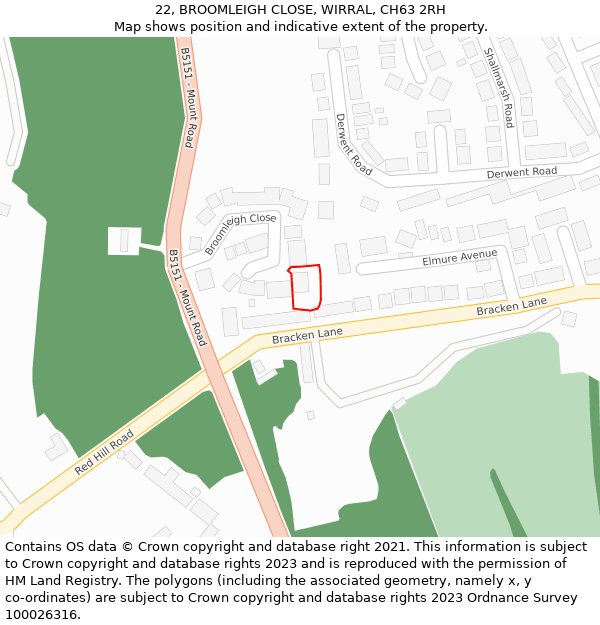 22, BROOMLEIGH CLOSE, WIRRAL, CH63 2RH: Location map and indicative extent of plot