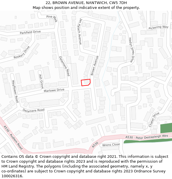 22, BROWN AVENUE, NANTWICH, CW5 7DH: Location map and indicative extent of plot