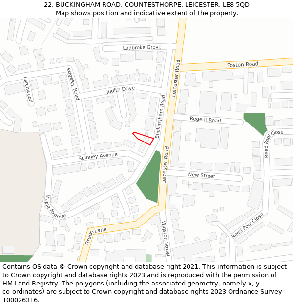 22, BUCKINGHAM ROAD, COUNTESTHORPE, LEICESTER, LE8 5QD: Location map and indicative extent of plot