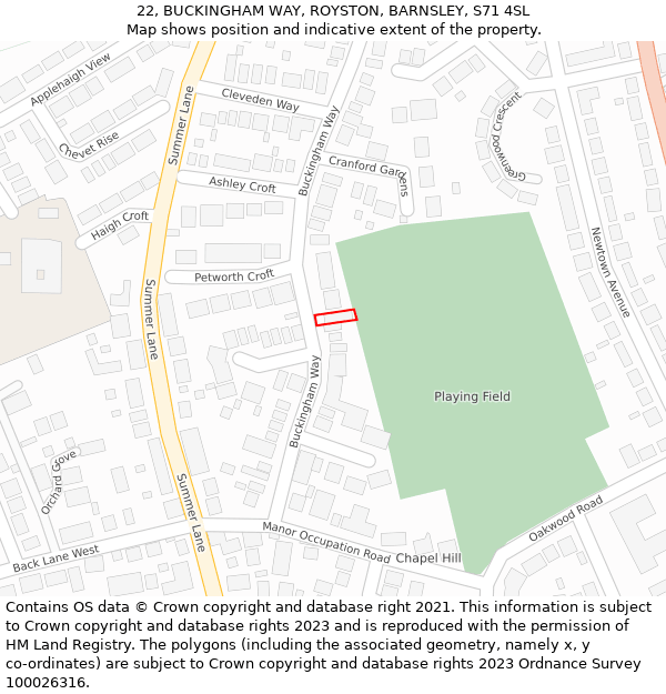 22, BUCKINGHAM WAY, ROYSTON, BARNSLEY, S71 4SL: Location map and indicative extent of plot