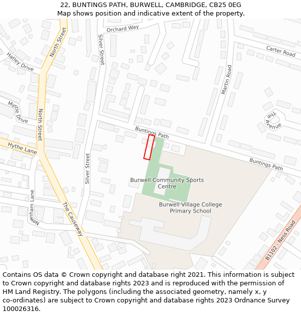 22, BUNTINGS PATH, BURWELL, CAMBRIDGE, CB25 0EG: Location map and indicative extent of plot