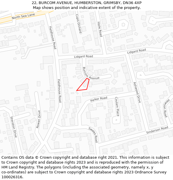 22, BURCOM AVENUE, HUMBERSTON, GRIMSBY, DN36 4XP: Location map and indicative extent of plot