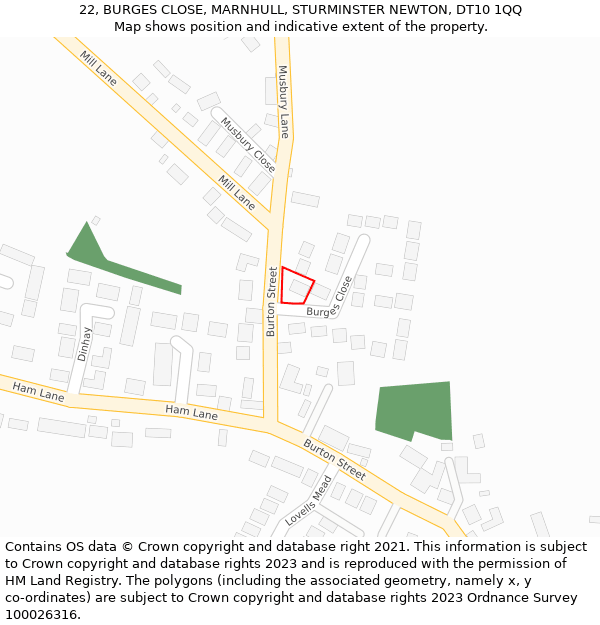 22, BURGES CLOSE, MARNHULL, STURMINSTER NEWTON, DT10 1QQ: Location map and indicative extent of plot