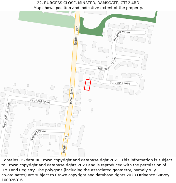 22, BURGESS CLOSE, MINSTER, RAMSGATE, CT12 4BD: Location map and indicative extent of plot