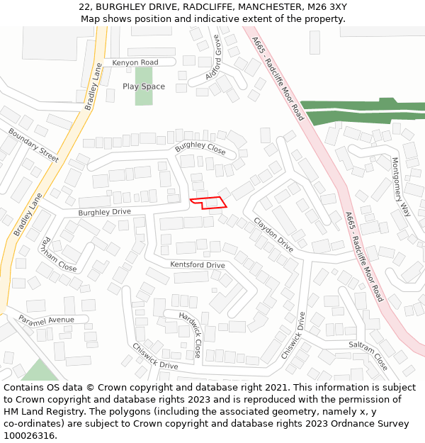 22, BURGHLEY DRIVE, RADCLIFFE, MANCHESTER, M26 3XY: Location map and indicative extent of plot